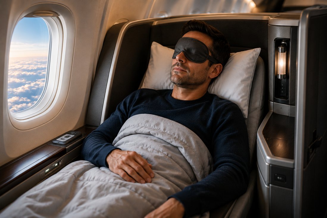 A passenger asleep under a blanket with an eye mask in a lie-flat seat