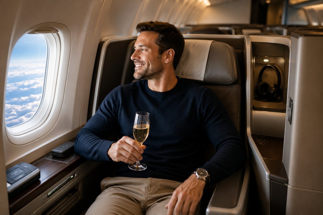 A passenger relaxed in a window seat above the clouds